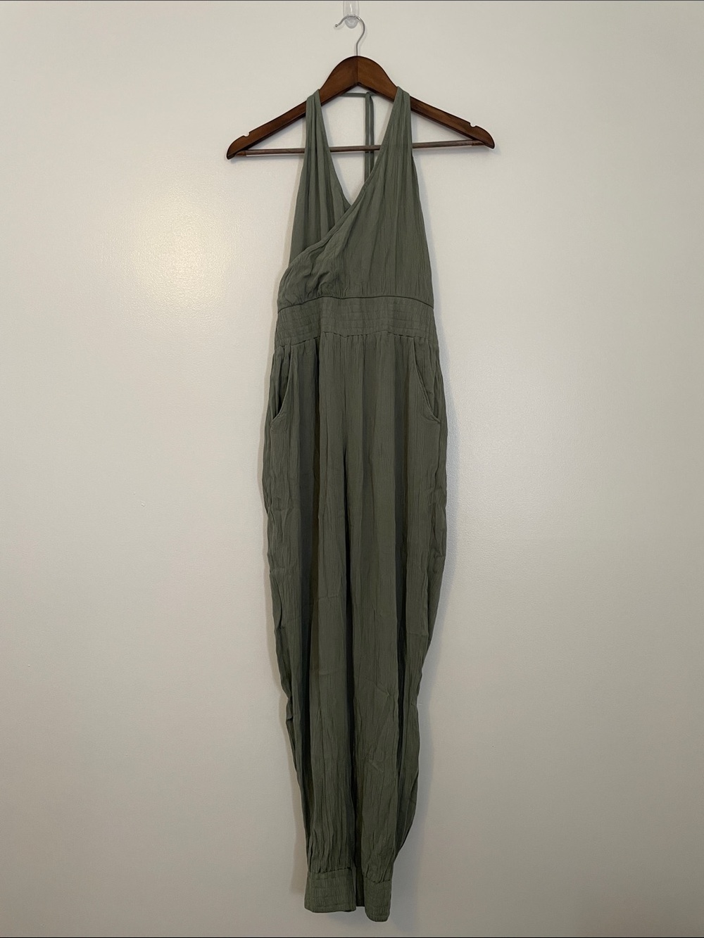 PrAna Fernie Army Green Crisscross Back Halter Top Jumpsuit